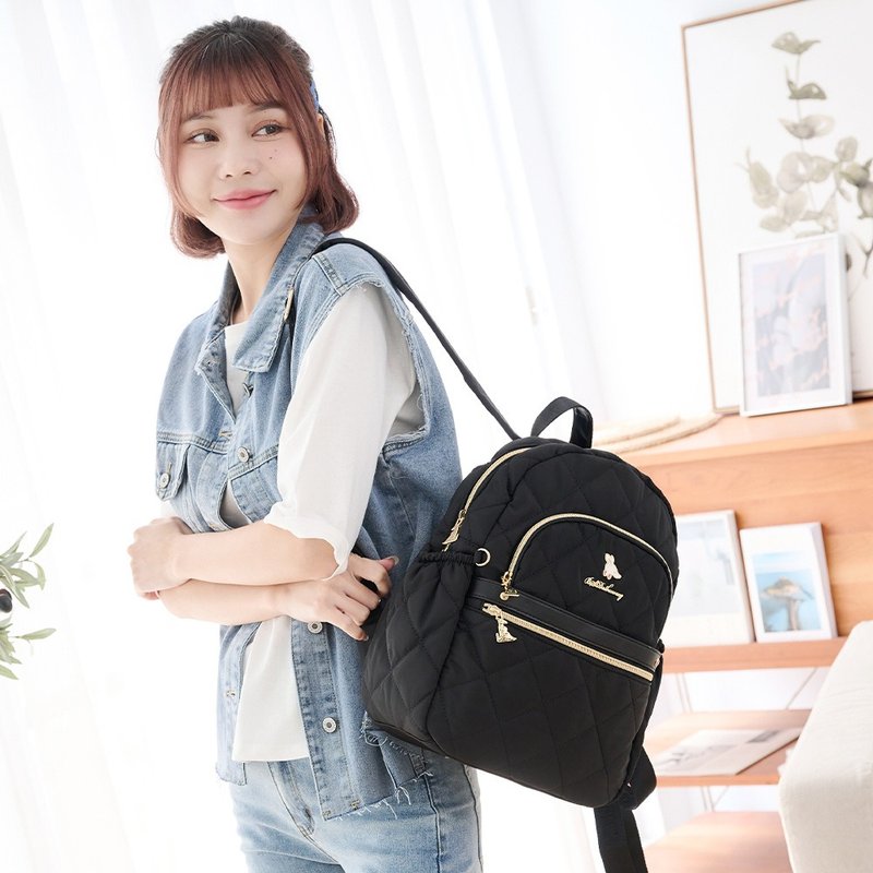 [Classic Diamond] Neon Sweetheart- Diamond Multi-Pocket Backpack- Black Currant - กระเป๋าเป้สะพายหลัง - ไนลอน สีดำ