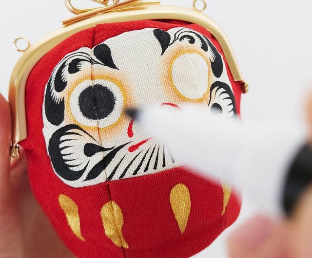 手描き目玉 だるまポーチ コインケース 小銭入れ ハンドル付き がま口