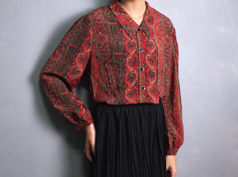 FOAK古著 紅綠色巴洛克花紋襯衫 - 女襯衫 - 其他材質 