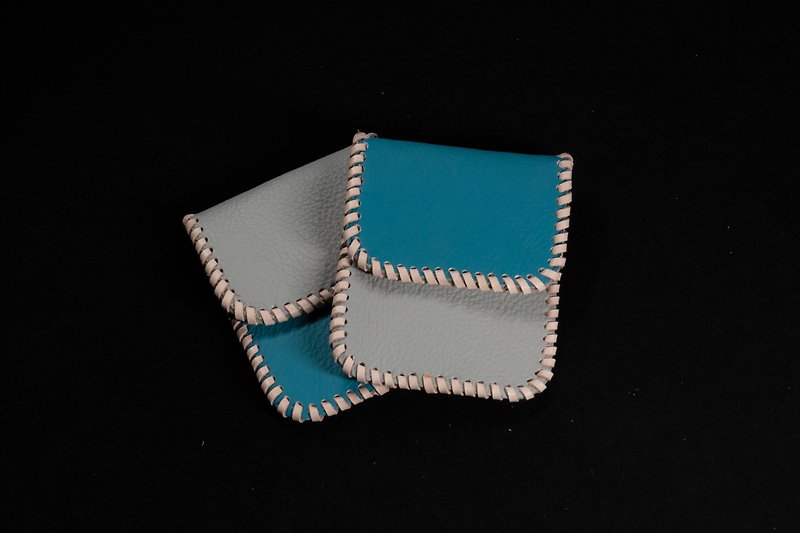 混搭雙色皮革編縄零錢包水藍珍珠灰 - 零錢包/小錢包 - 真皮 多色