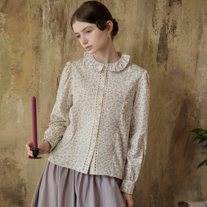 MintCheese重工日產紫鬱金香碎花 古典拉夫領泡泡袖細風琴褶襯衫 - 女襯衫 - 棉．麻 多色