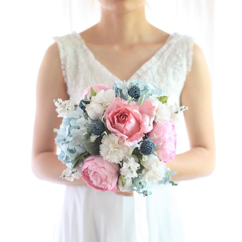 MB311 : ช่อดอกไม้เจ้าสาว สำหรับถือในงานแต่งงาน ในโทนสีชมพูฟ้าสดใส - งานไม้/ไม้ไผ่/ตัดกระดาษ - กระดาษ สึชมพู