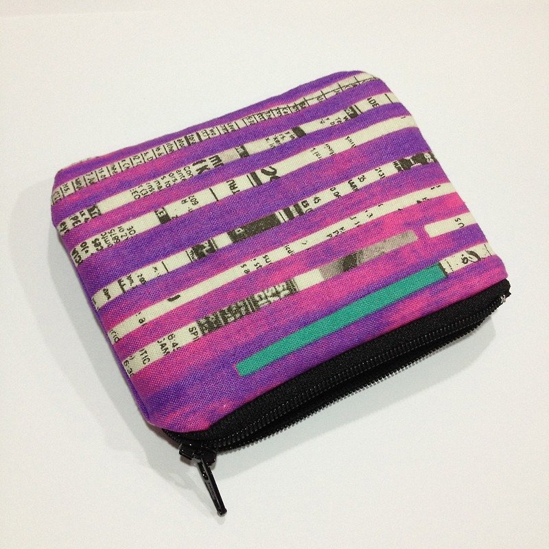 Ruled purple stripes on both sides of the newspaper purse - กระเป๋าใส่เหรียญ - ผ้าฝ้าย/ผ้าลินิน สีม่วง