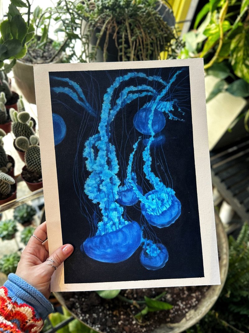 Glowing Jellyfish oil painting, Original artwork Underwater Ocean Art Wall decor - 壁貼/牆壁裝飾 - 紙 藍色