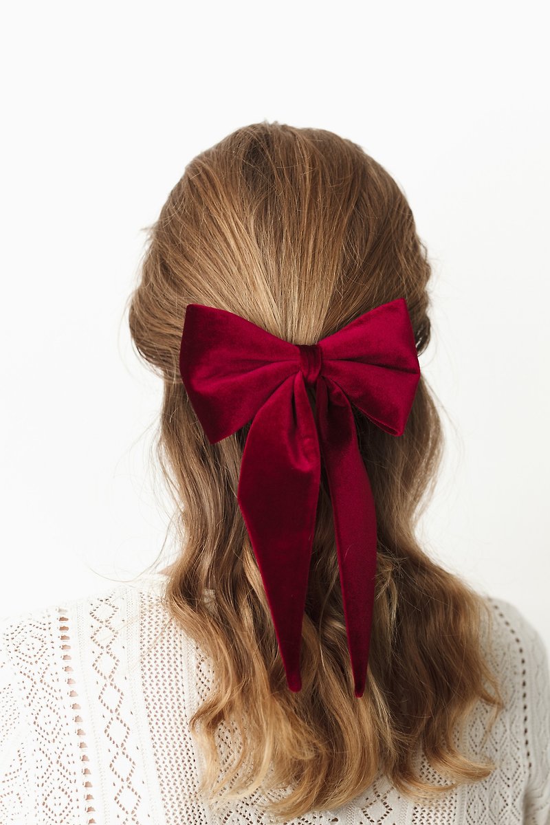 Burgundy Velvet Bow for Adult, Big Hair Bow Clip Barrette for Women - 髮夾/髮飾 - 其他材質 紅色