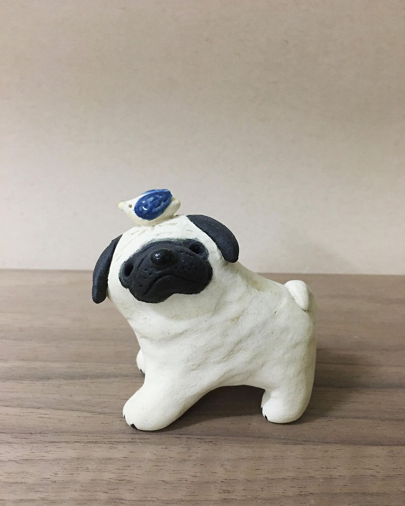 Dog Friends Wrinkled Skin Series-Tweet Birds and Little Black-billed Pugs - Pottery & Ceramics - Porcelain Multicolor
