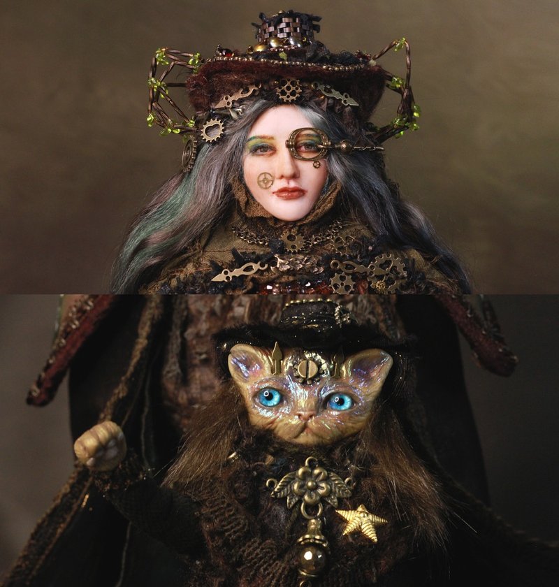 Handmade Interior Steampunk Art Doll Anna & her Cat Barsik Fantasy OOAK doll - 擺飾/家飾品 - 黏土 多色