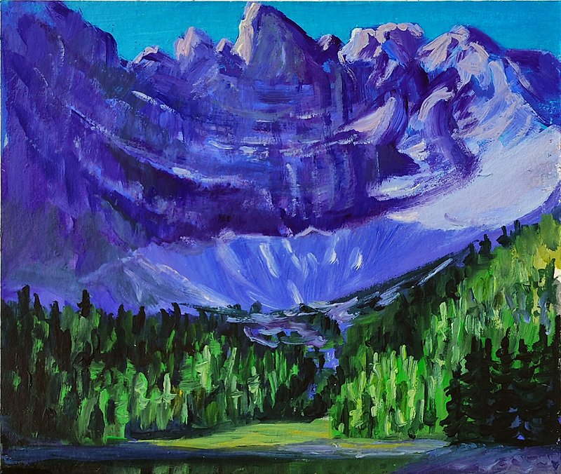 Mountain Valley in Canada Artwork Lake Oil Painting fine art by SElenaV - Wall Décor - Other Materials Purple