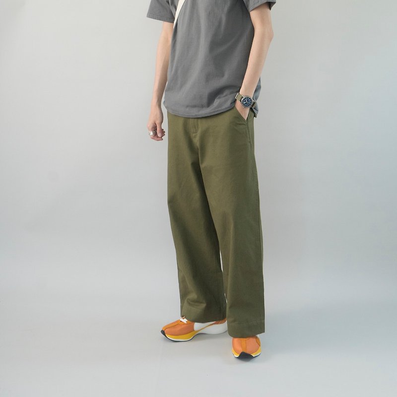 Japanese-style aesthetic retro high-waisted straight 9-point wide-leg casual pants Wide cutting - กางเกงขายาว - ผ้าฝ้าย/ผ้าลินิน สีเขียว