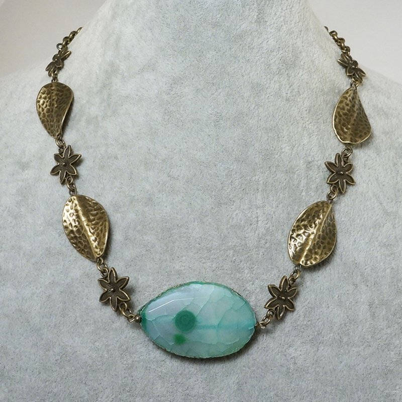Green Agate Slice Necklace Agate Slab Stone Flower Floral Boho Necklace Jewelry - 項鍊 - 半寶石 綠色
