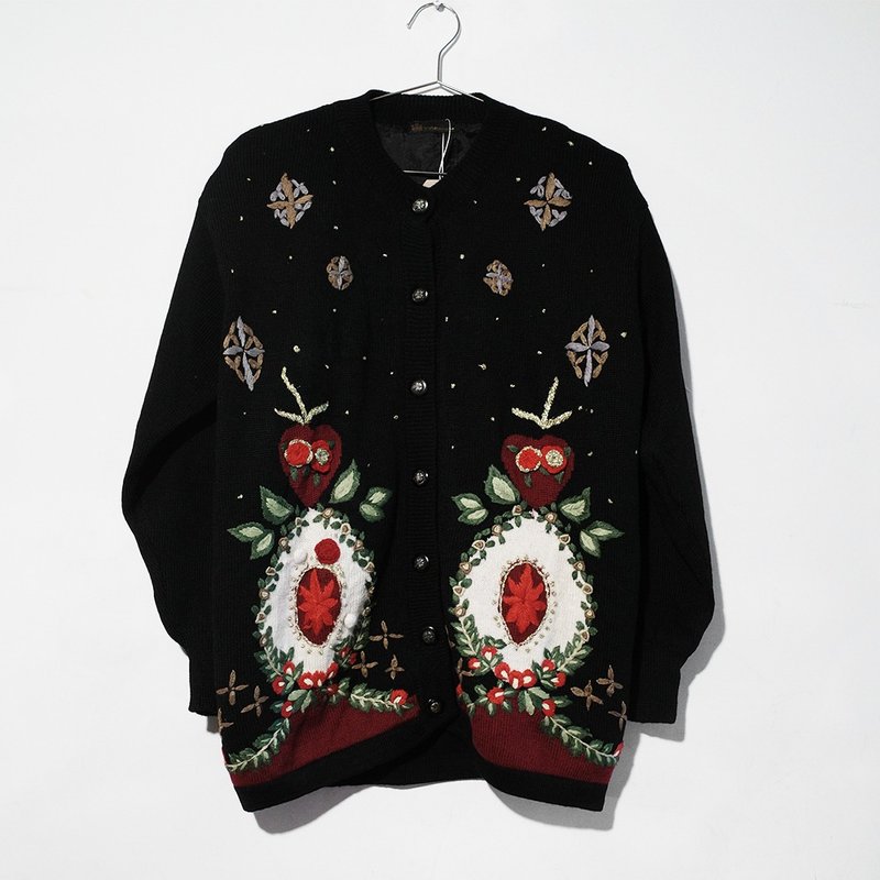 Retro sweater vintage sweater vintage sweater 100% pure wool floral embroidery R00333 - Men's Sweaters - Wool Black