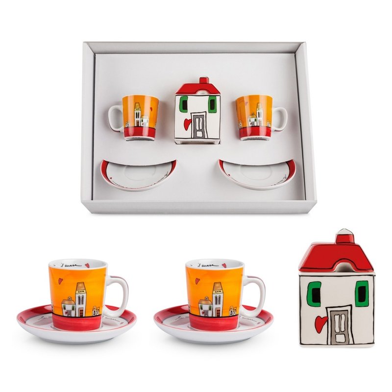 Italy EGAN- European-style cottage series 2 coffee cups 1 sugar bowl gift box set red 100ML - แก้วมัค/แก้วกาแฟ - เครื่องลายคราม สีแดง