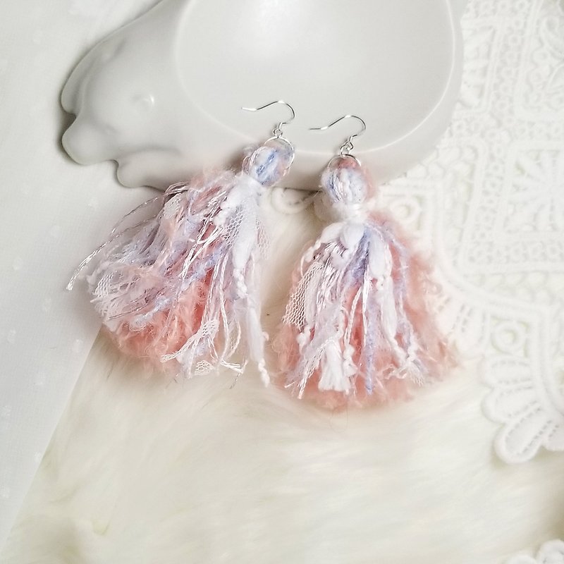 混合毛線流鬚耳環 (粉紅/粉紫/白/白網) - 耳環/耳夾 - 純銀 粉紅色