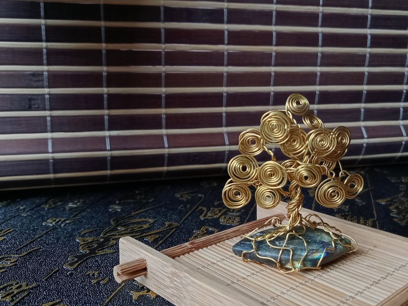 佚名山河。擺飾。錢錢樹。生命樹。拉長石。金屬編織 - 擺飾/家飾品 - 水晶 金色