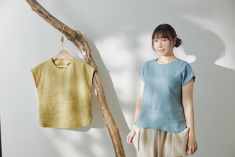 [Senzhihai] Rounded Small Cap Sleeve Linen Top-Sea Blue/Optional Color - เสื้อผู้หญิง - ลินิน สีน้ำเงิน
