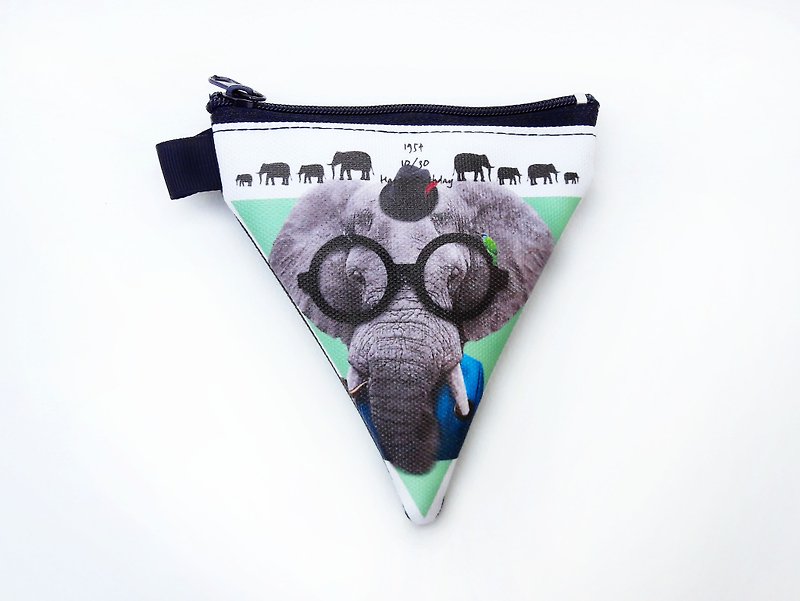 ｜I AM PARTY｜ Handmade canvas triangle coin purse-Mr. Elephant [Buy, get free brand badge or leisure card sticker x1] - Coin Purses - Other Materials White
