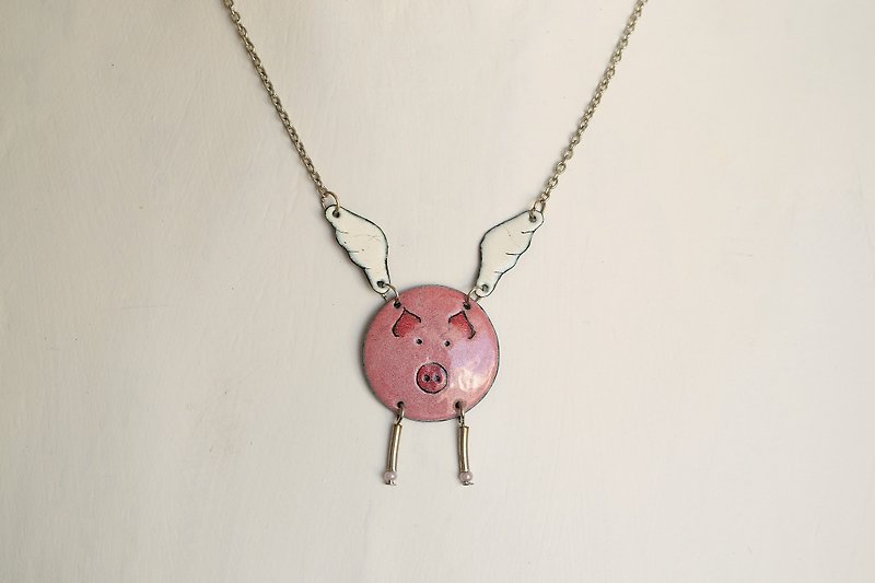 Pig Necklace, Enamel Pig Necklace, Pig With Wings, Flying Pig Necklace, Piggy, - Earrings & Clip-ons - Enamel Pink