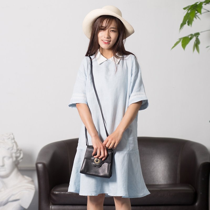 Annie Chen mermaid original design 2016 summer new literary small fresh striped dress fishtail dress - ชุดเดรส - ผ้าฝ้าย/ผ้าลินิน สีน้ำเงิน