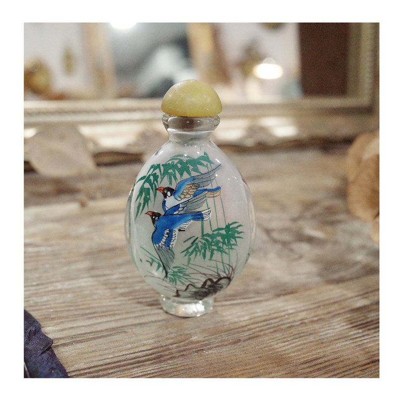 老件.玻璃內畫鼻煙壺.公雞青鳥圖.小玻璃瓶.小巧尺寸聞香瓶.擺件 - 擺飾/家飾品 - 玻璃 
