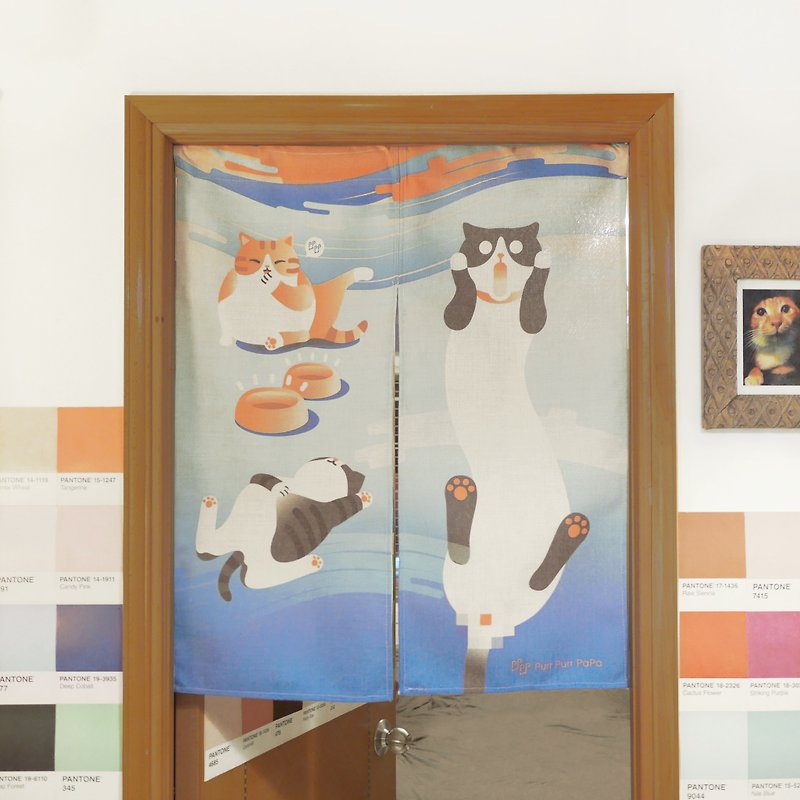 猫の叫び日本のカーテンオリジナルデザイン「叫ぶ猫」ドアカーテン - ウォールデコ・壁紙 - コットン・麻 ホワイト