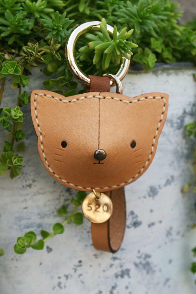 Anniversary cat key ring/English name can be engraved - Keychains - Genuine Leather Brown