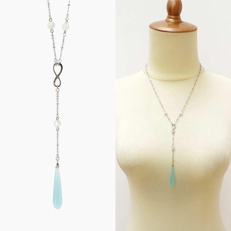 Dainty Aqua Blue Chalcedony & Moonstone Y-Style Necklace - สร้อยคอ - เครื่องประดับพลอย สีน้ำเงิน