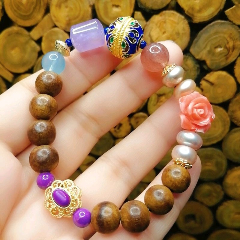 金銀財寶 14K沉香/紫水晶/海藍寶/紫雲母/珍珠 手串 - 手鍊/手環 - 半寶石 