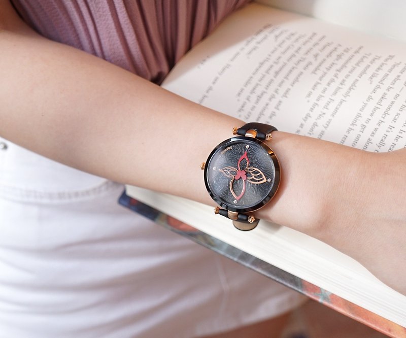 優雅 ‧ 時光 - 蝴蝶腕錶系列--  緋紅墨客 - 女裝錶 - 不鏽鋼 黑色