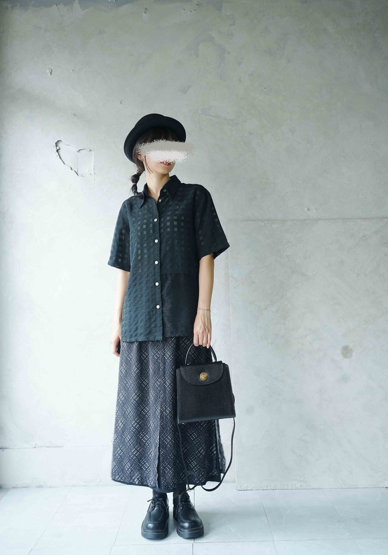 尋寶古著-黑色方格拼接圓點透膚雪紡襯衫 - 女襯衫 - 聚酯纖維 黑色