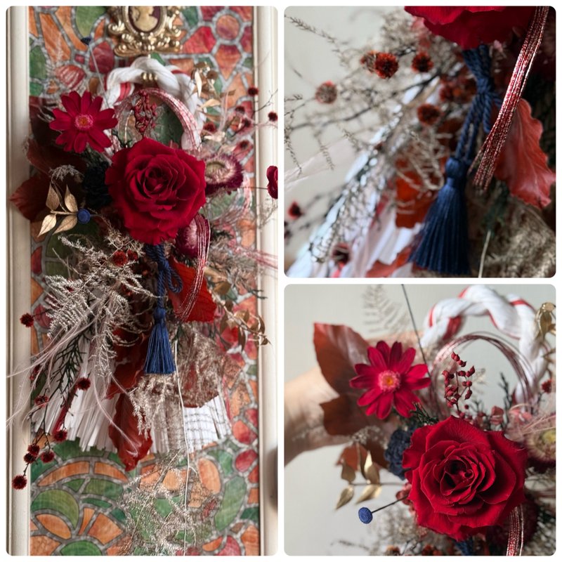 Golden Snake Dances Big Red Rose Style Notes with Rope Hanging New Year Ornaments New Year Gift Box Preserved Flowers Dry - ช่อดอกไม้แห้ง - พืช/ดอกไม้ สีแดง