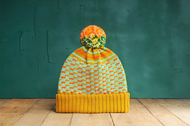 芥黃馬戲團 可拆式毛球針織毛帽 - 帽子 - 棉．麻 黃色