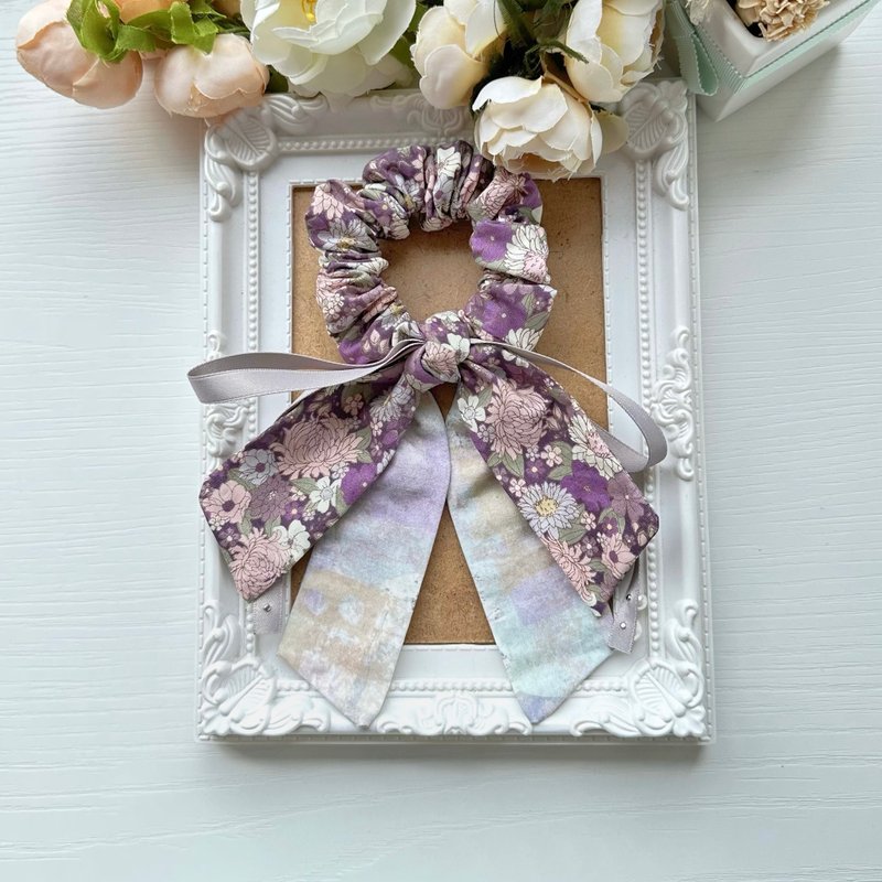 棉布長尾蝴蝶結髮圈大腸圈髮飾-日式紫灰色 - 髮夾/髮圈 - 其他材質 紫色