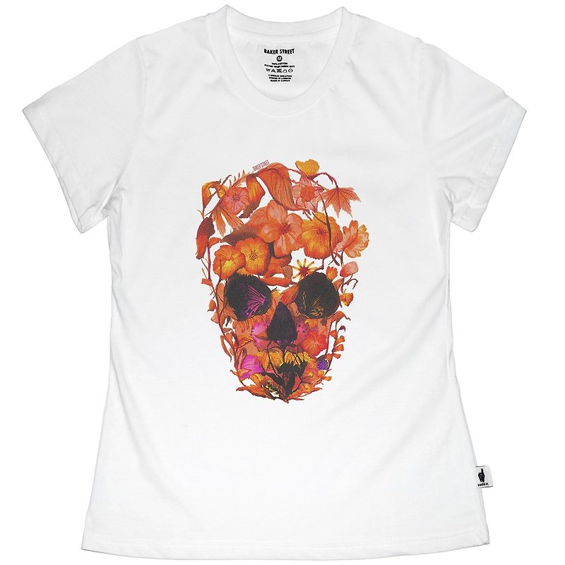 British Fashion Brand -Baker Street- Blossom Skull Printed T-shirt - เสื้อยืดผู้หญิง - ผ้าฝ้าย/ผ้าลินิน ขาว