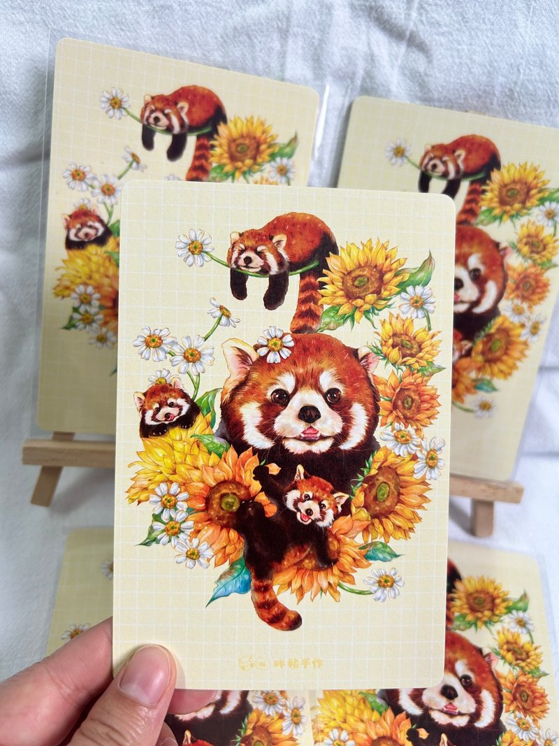 小浣熊與向日葵花系列手繪水彩明信片postcard - 卡片/明信片 - 紙 