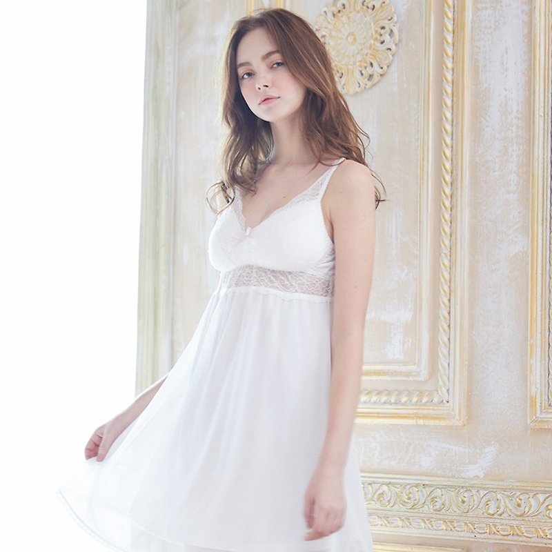 No steel ring pajamas [exclusive 2in1] wedding bride lace cut chiffon dress - white - Loungewear & Sleepwear - Polyester White