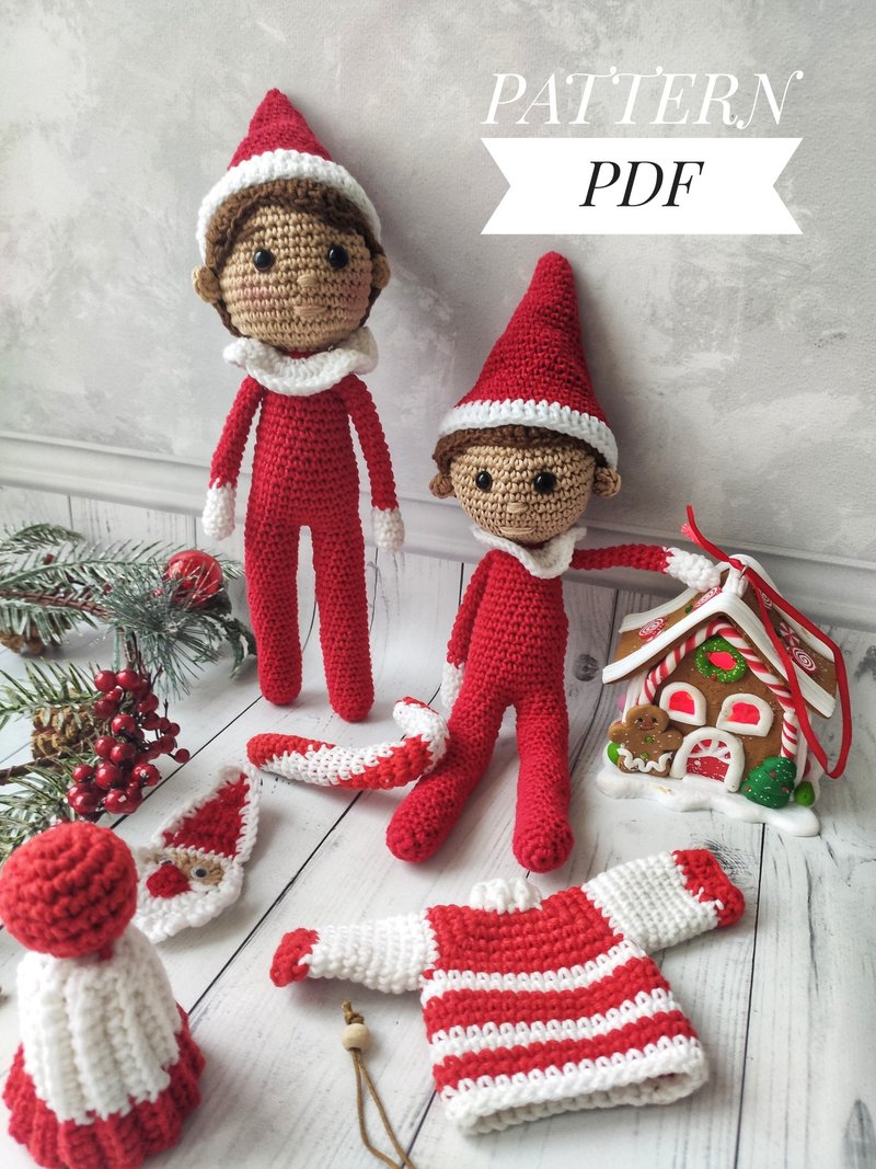 Crochet Christmas Elf PATTERN, 钩针圣诞精 Elf on the shelf PATTERN, Amigurumi Elf - Knitting, Embroidery, Felted Wool & Sewing - Cotton & Hemp Red