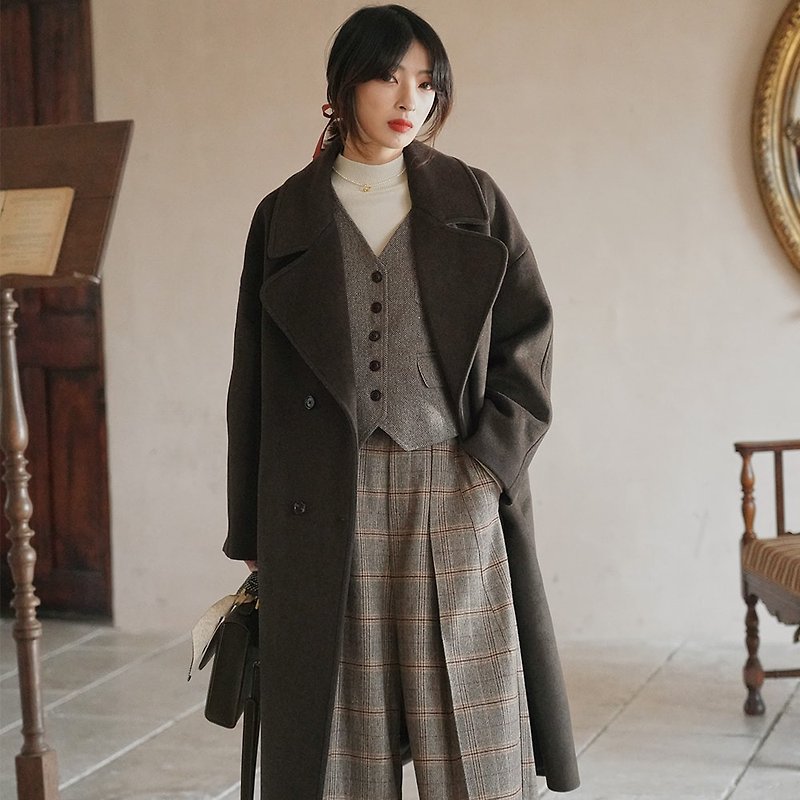 Brown-green long large lapel wool coat|Jacket|Winter|Wool blend|Sora-638 - เสื้อสูท/เสื้อคลุมยาว - ขนแกะ 