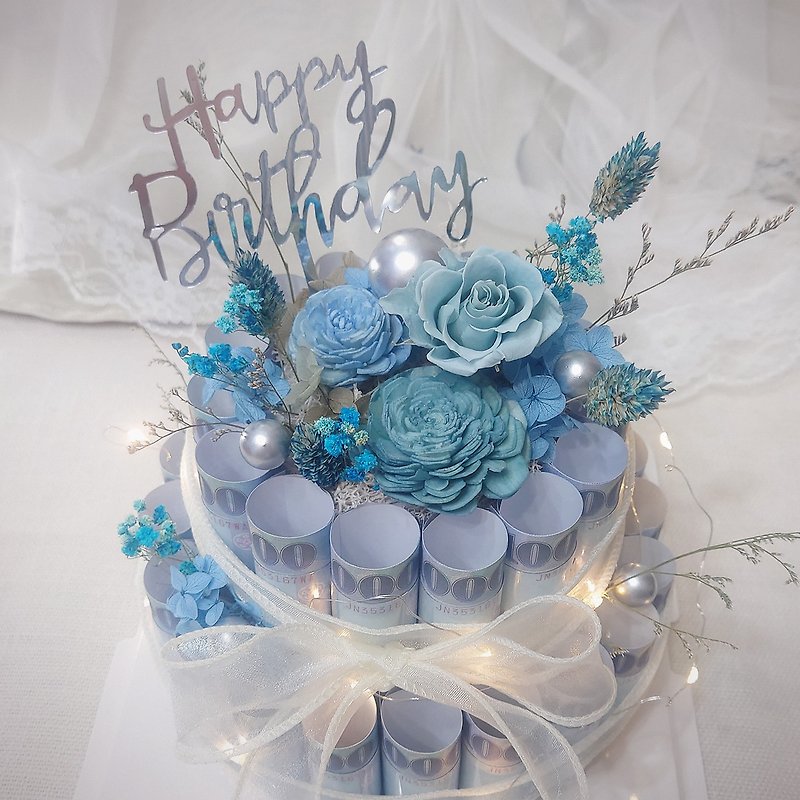Preserved Flower Banknote Cake Double Layer/Money Flower Cake/Eternal Flower/Anniversary Gift/Banknote Cake - Dried Flowers & Bouquets - Plants & Flowers Blue