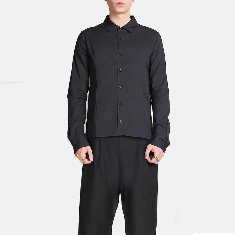 Round hem loose shirt - เสื้อเชิ้ตผู้ชาย - ผ้าฝ้าย/ผ้าลินิน สีดำ