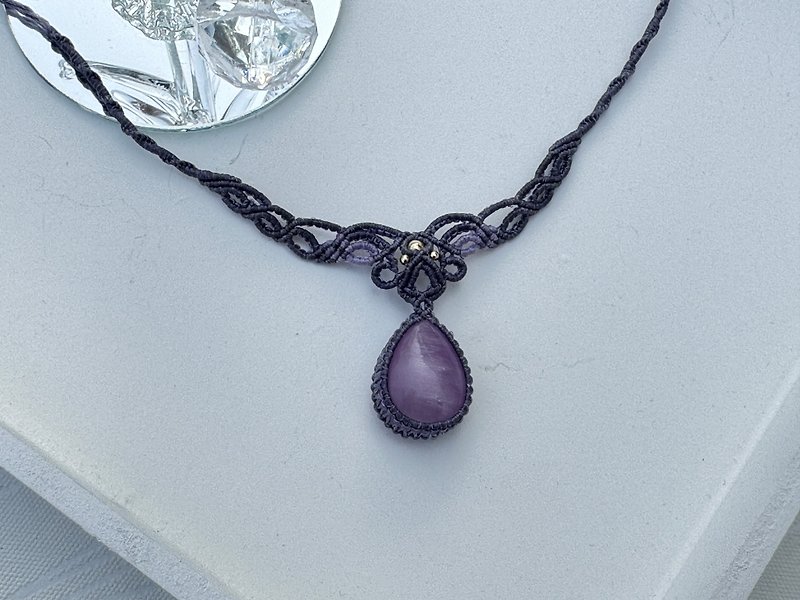 221124 Macrame Kunzite Braided Necklace - Necklaces - Semi-Precious Stones Purple