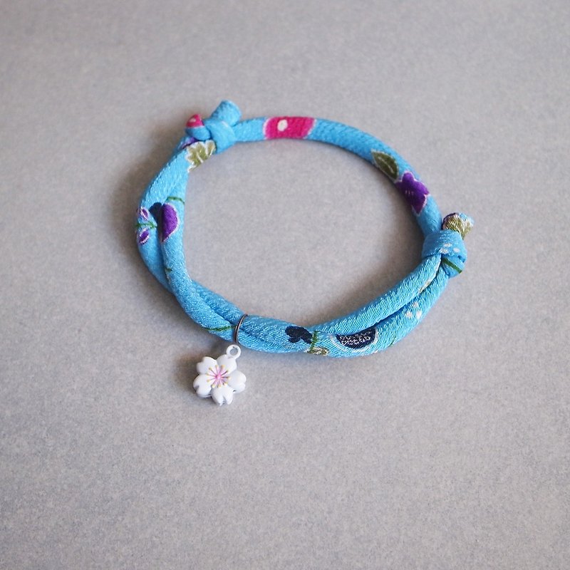 Japanese kimono dog collar & cat collar【Adjustable】Deep Sky Blue & White Sakura Bell_S size - Collars & Leashes - Silk Blue