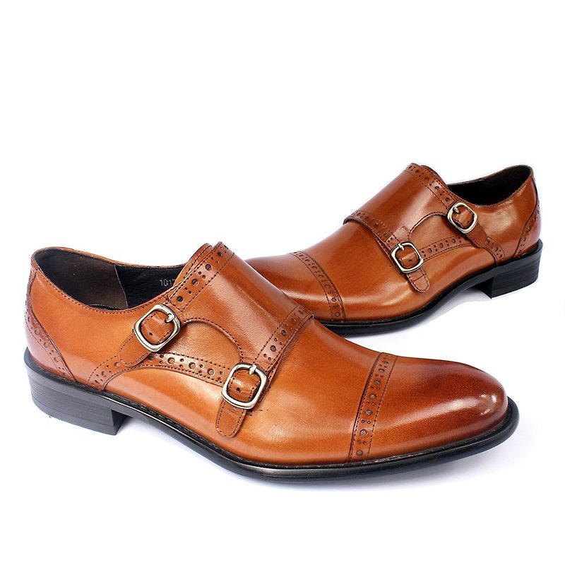 Sixlips cross trim double buckle monk shoes brown - รองเท้าลำลองผู้ชาย - กระดาษ สีนำ้ตาล
