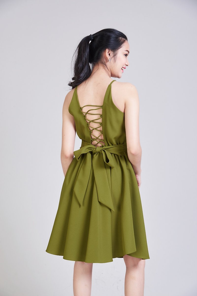 Party Dress Backless Dress Crisscross Back Evening Gown Olive Green Dress - One Piece Dresses - Polyester Green