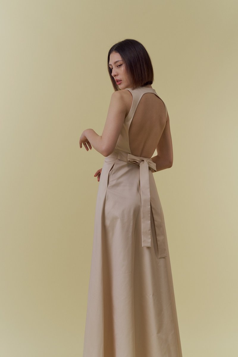 Khaki backless long dress - One Piece Dresses - Cotton & Hemp White