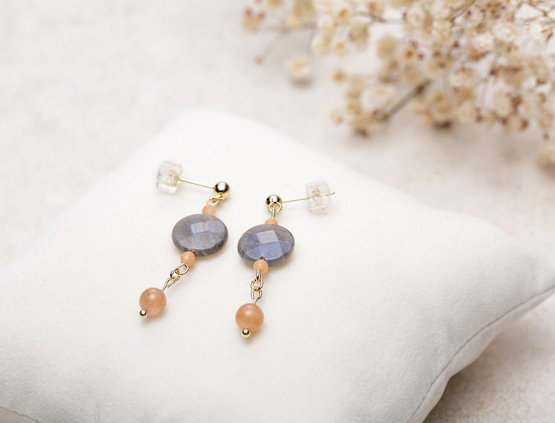 月精靈 Pink Aventurine Labradorite Peach Moonstone 耳環 - 耳環/耳夾/耳骨夾 - 寶石 粉紅色