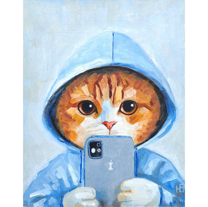 Cat Original Oil Painting Funny Pet Portrait Kitten Wall Art 手工油畫, 油畫原作 - โปสเตอร์ - วัสดุอื่นๆ หลากหลายสี