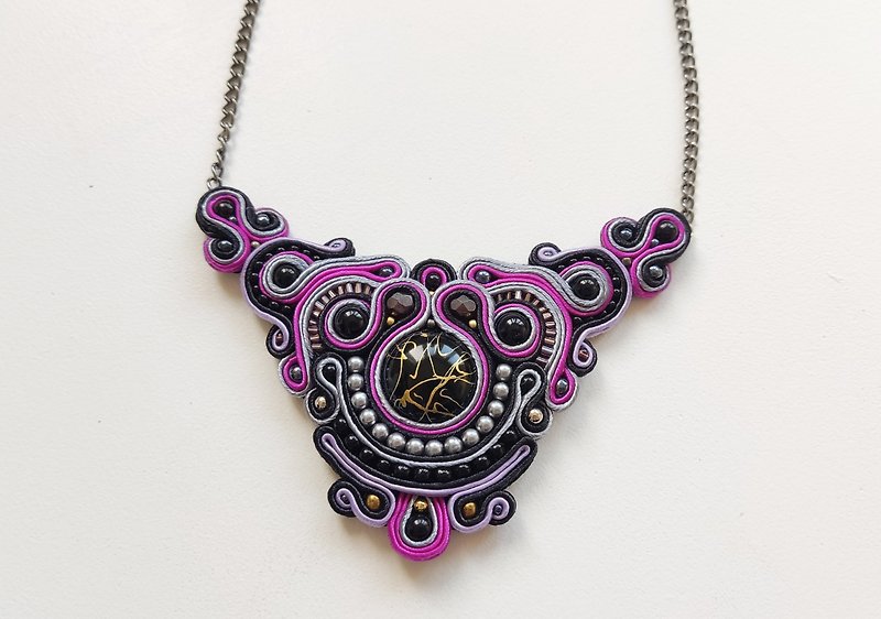 Other Materials Necklaces Purple - 紫色項鍊, Boho Ethnic necklace, Soutache embroidered beaded Statement necklace