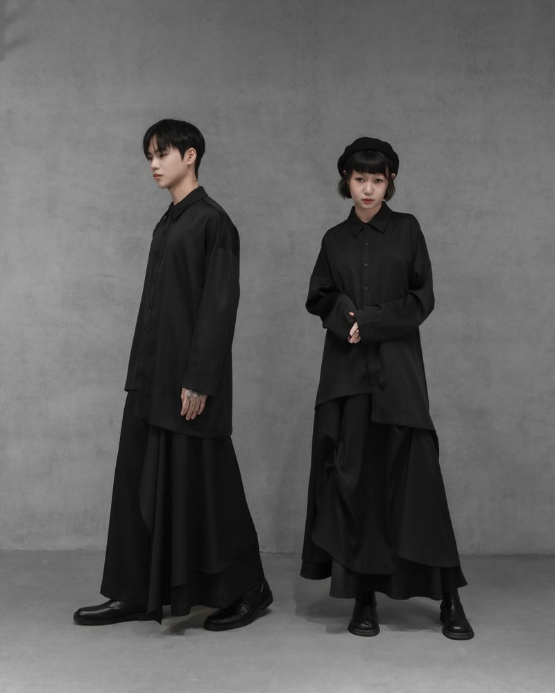 MUKK DESIGN 不對稱合身長版細條紋襯衫 - 男襯衫/休閒襯衫 - 聚酯纖維 黑色