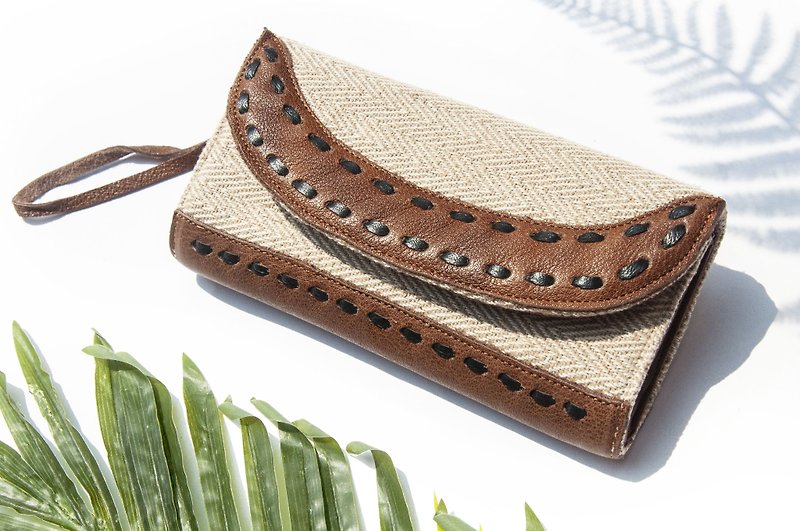 Handmade Linen spliced ​​leather long clip/long wallet/coin purse/woven wallet-vanilla latte woven wallet - กระเป๋าสตางค์ - หนังแท้ หลากหลายสี