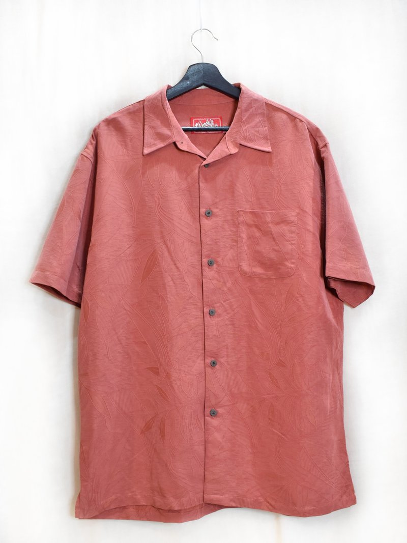 其他材質 男襯衫/休閒襯衫 - Vintage 男版暗紋絲質夏威夷襯衫 朱紅